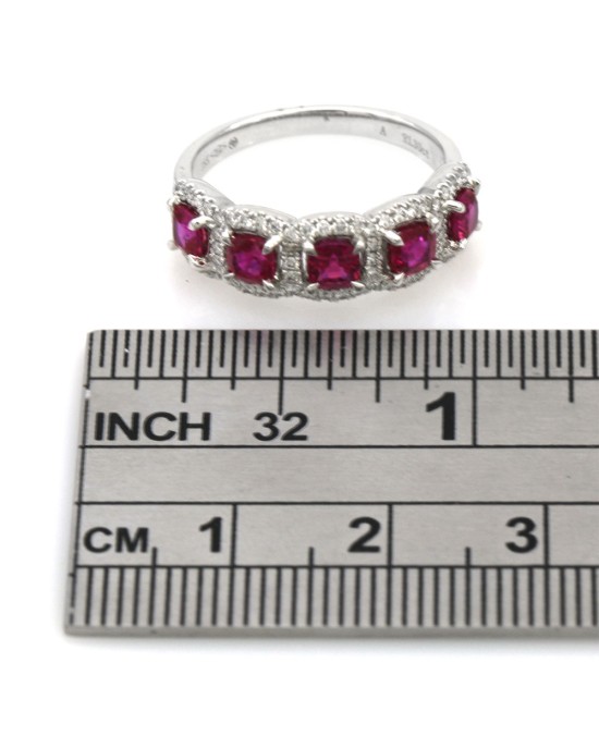 5 Stone Ruby and Diamond Halo Ring in White Gold